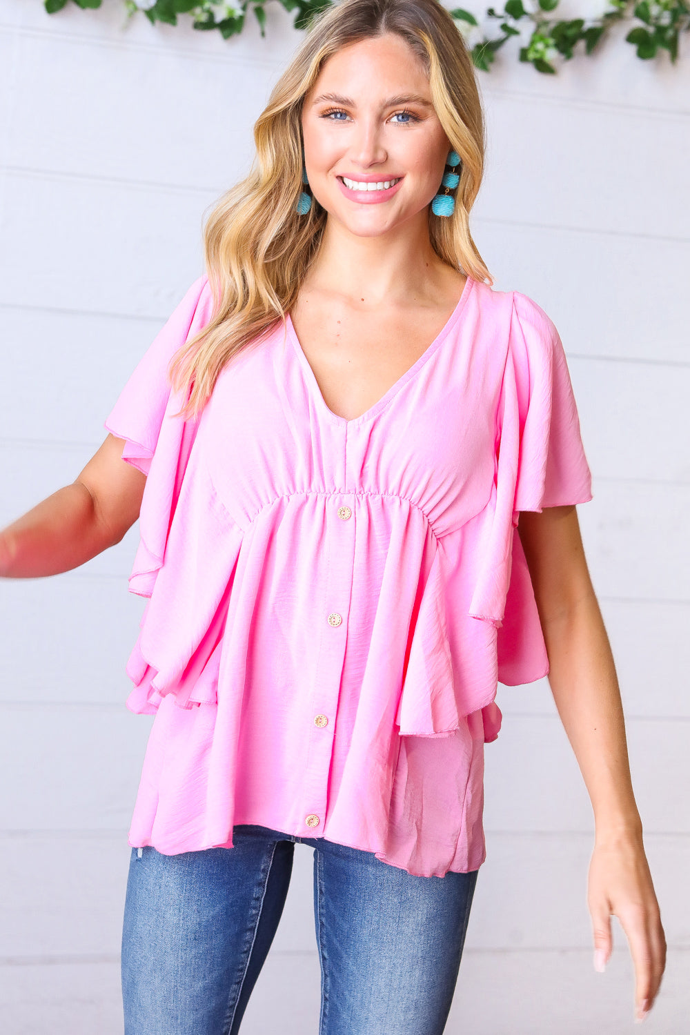 Carnation Pink Button Ruffle Woven Top