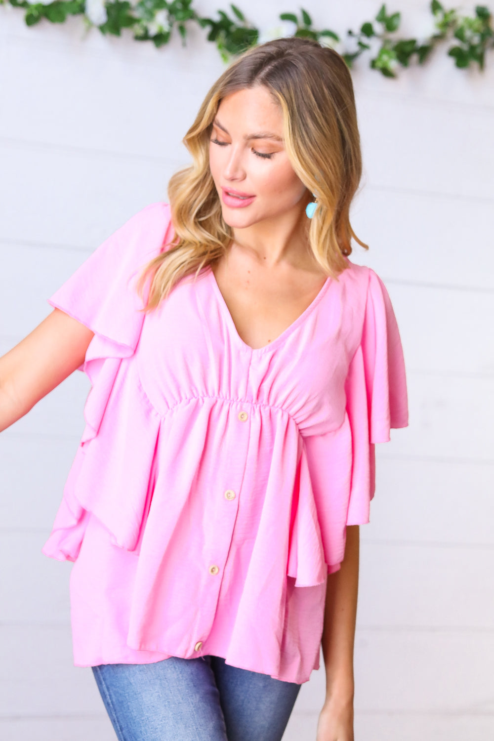 Carnation Pink Button Ruffle Woven Top