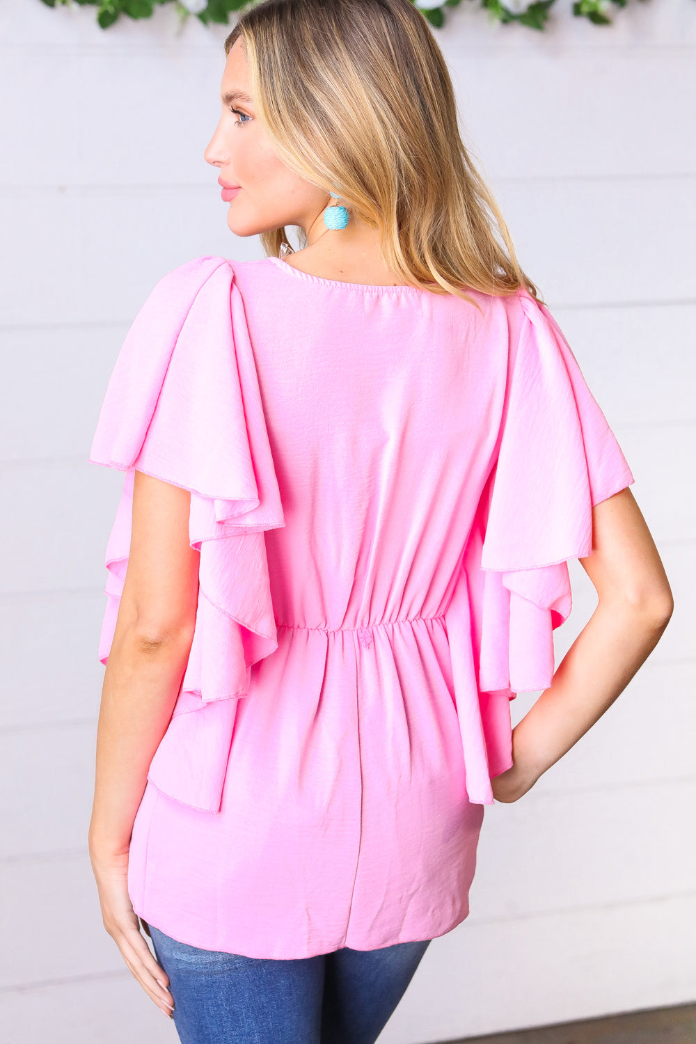 Carnation Pink Button Ruffle Woven Top