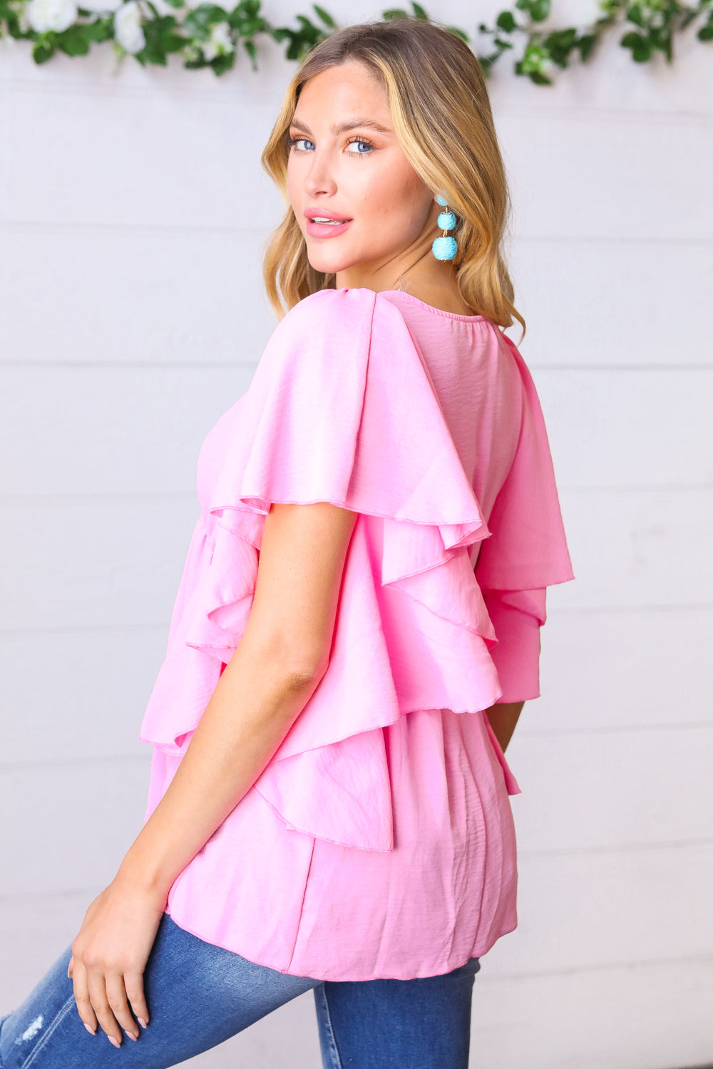 Carnation Pink Button Ruffle Woven Top