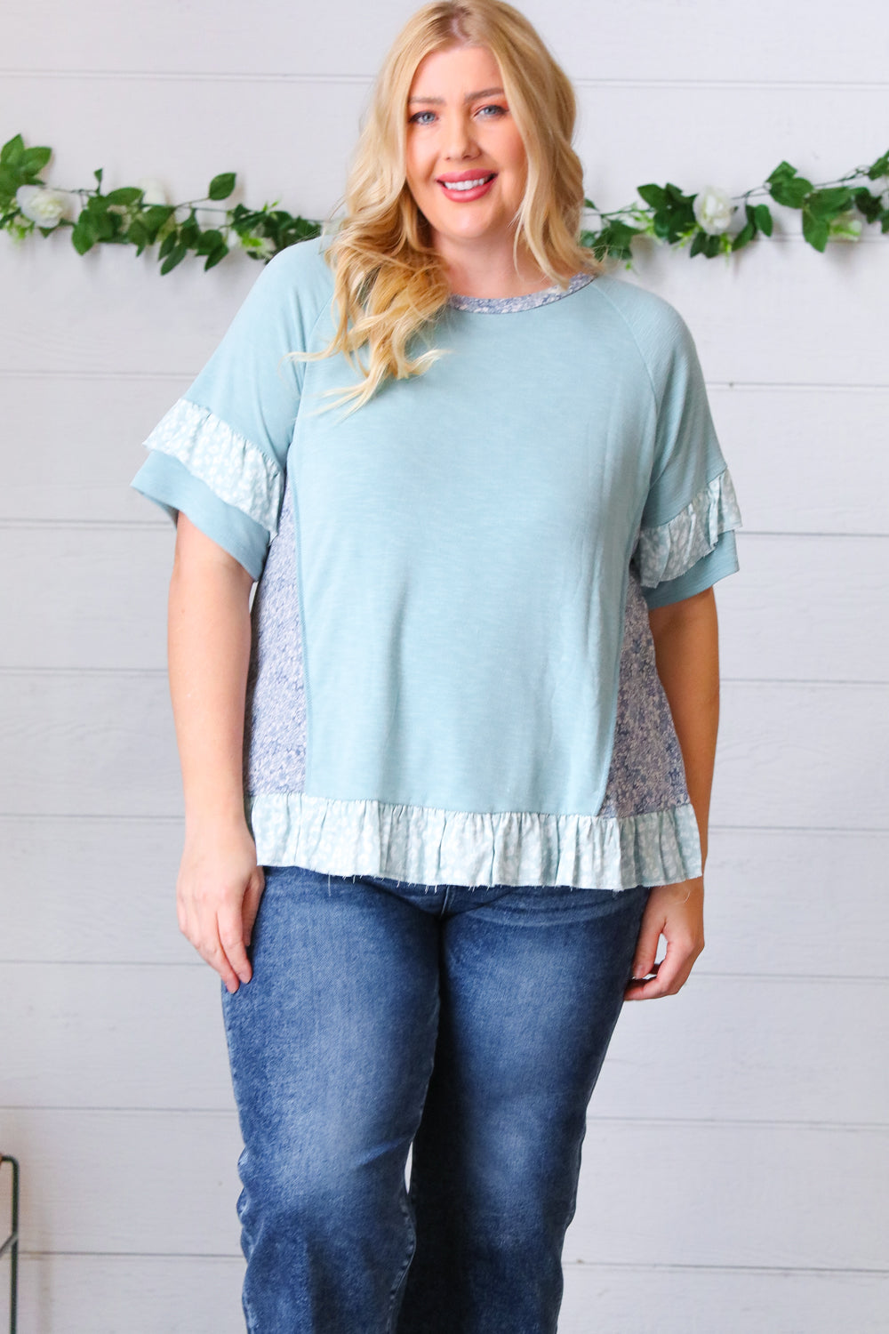 Seafoam Floral & Leopard Print Ruffle Hem Top