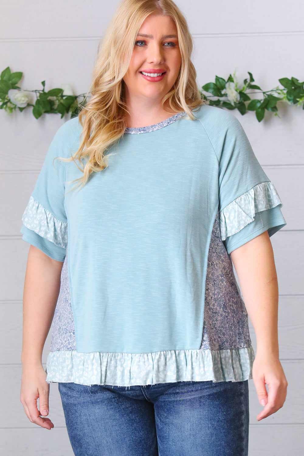 Seafoam Floral & Leopard Print Ruffle Hem Top