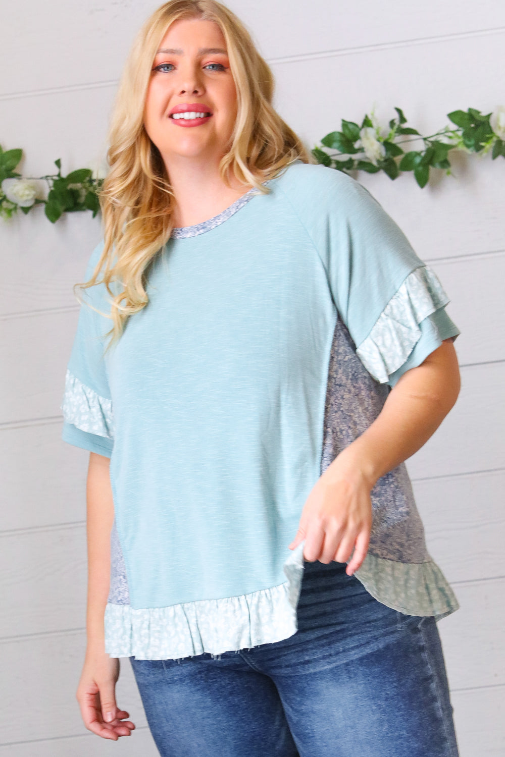 Seafoam Floral & Leopard Print Ruffle Hem Top