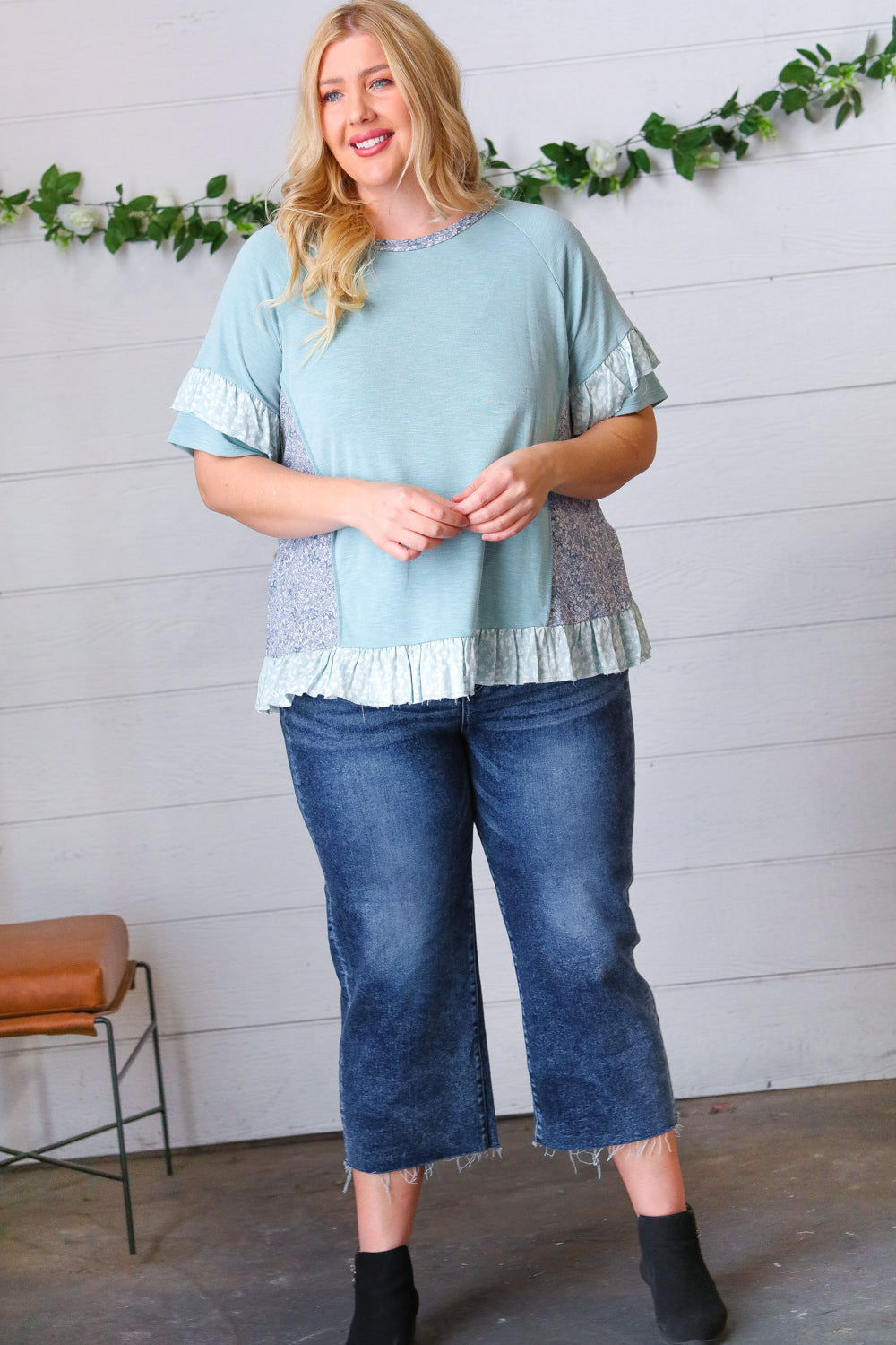 Seafoam Floral & Leopard Print Ruffle Hem Top