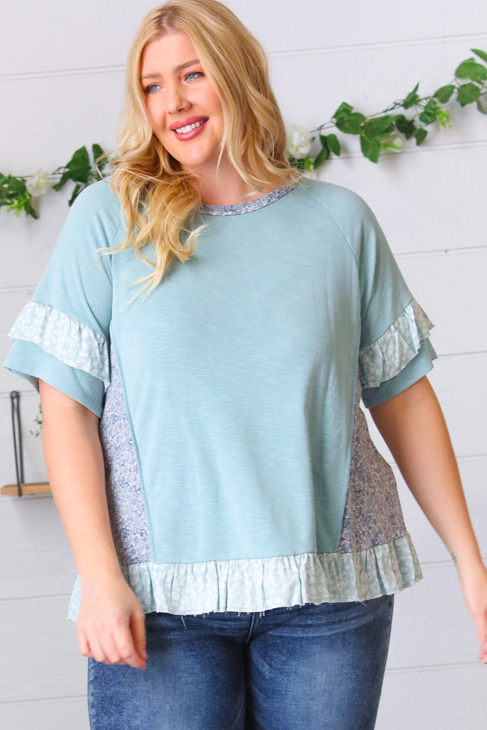 Seafoam Floral & Leopard Print Ruffle Hem Top