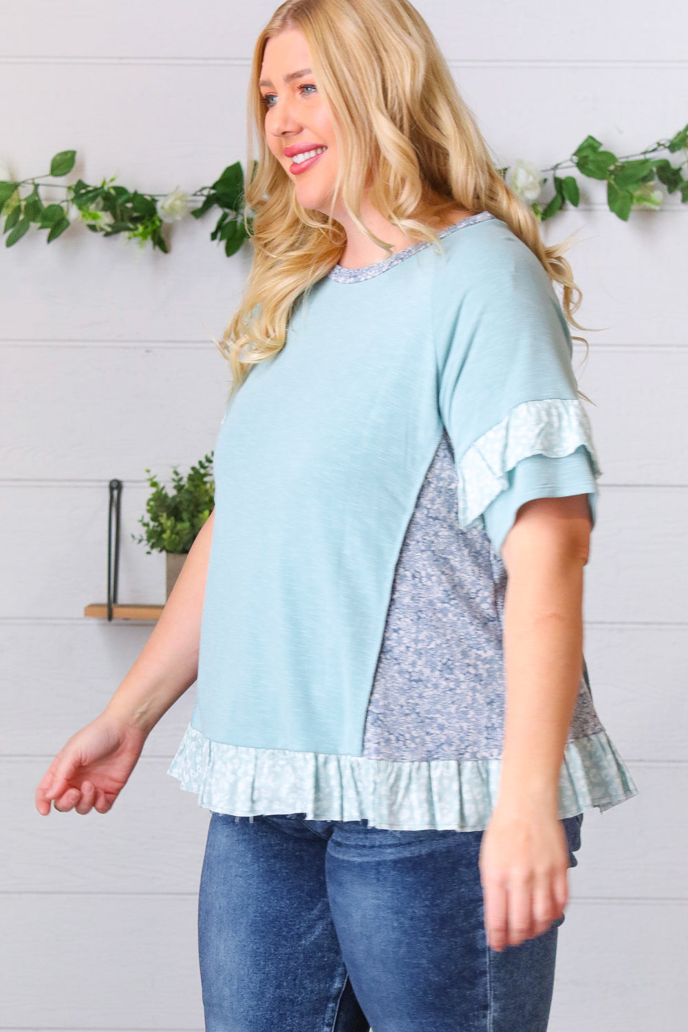 Seafoam Floral & Leopard Print Ruffle Hem Top