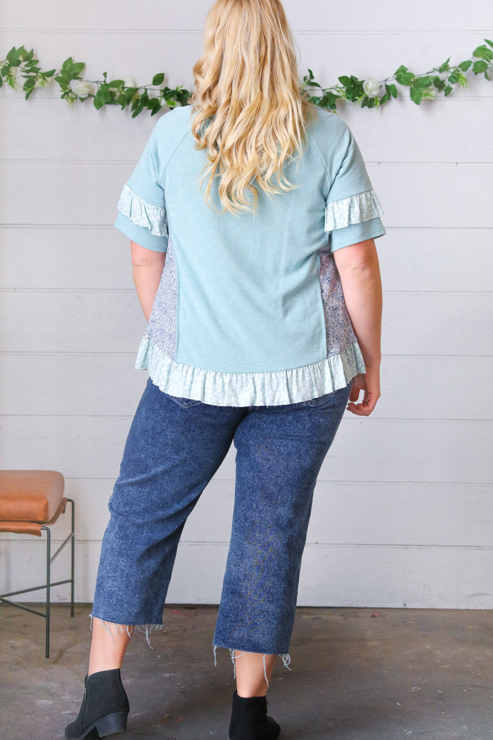 Seafoam Floral & Leopard Print Ruffle Hem Top