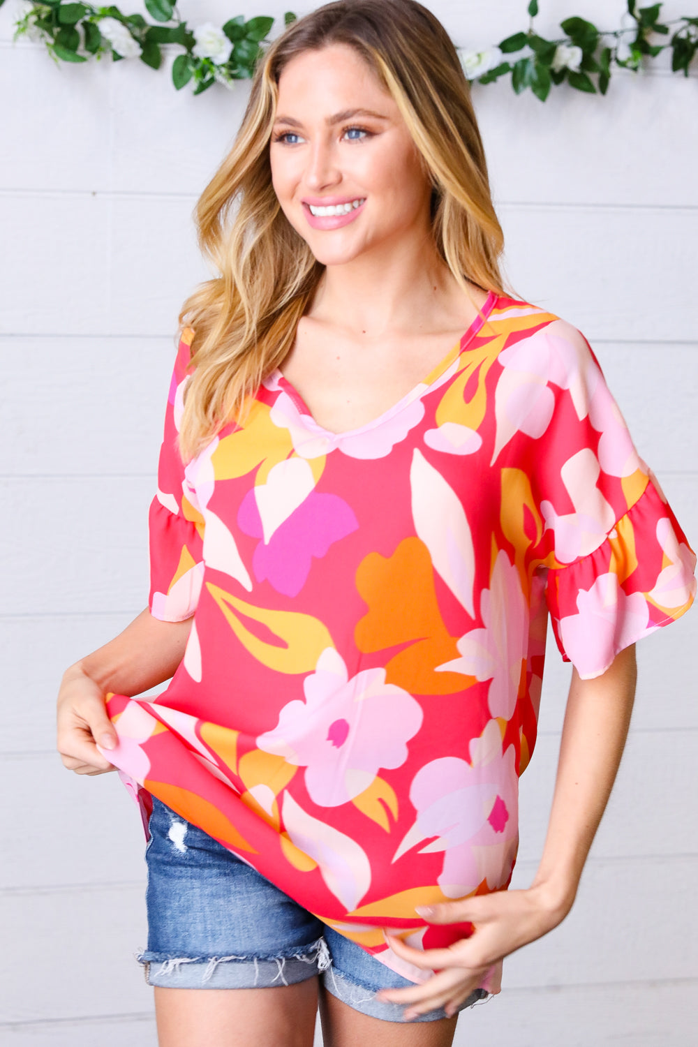 Peach & Pink Floral Dolman Ruffle Frill Sleeve Blouse