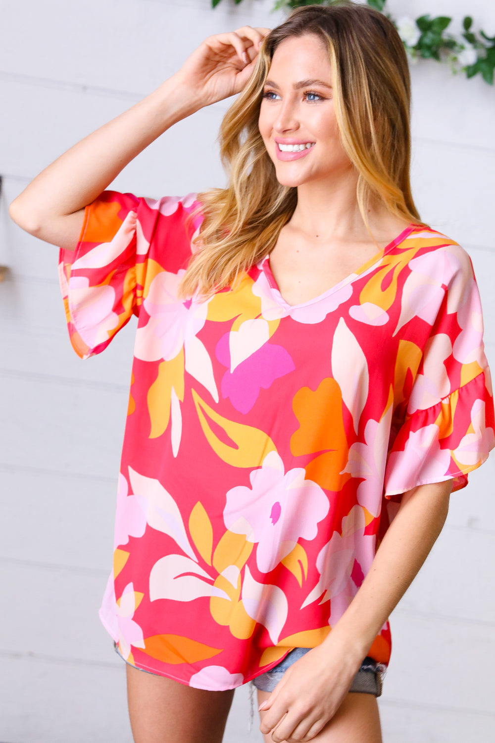 Peach & Pink Floral Dolman Ruffle Frill Sleeve Blouse