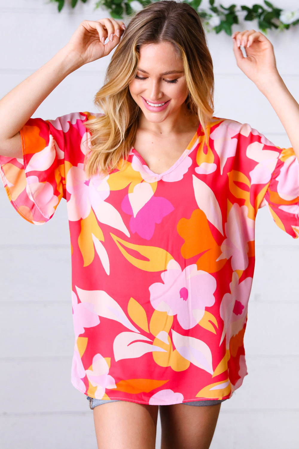 Peach & Pink Floral Dolman Ruffle Frill Sleeve Blouse