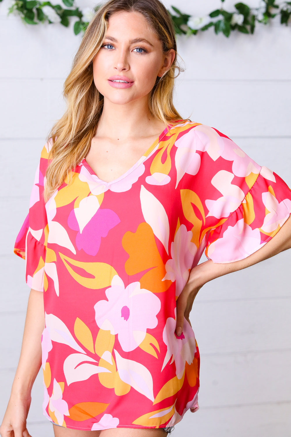 Peach & Pink Floral Dolman Ruffle Frill Sleeve Blouse