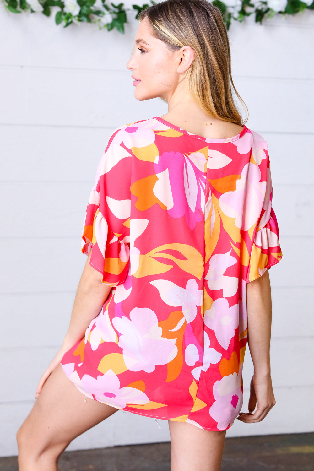 Peach & Pink Floral Dolman Ruffle Frill Sleeve Blouse