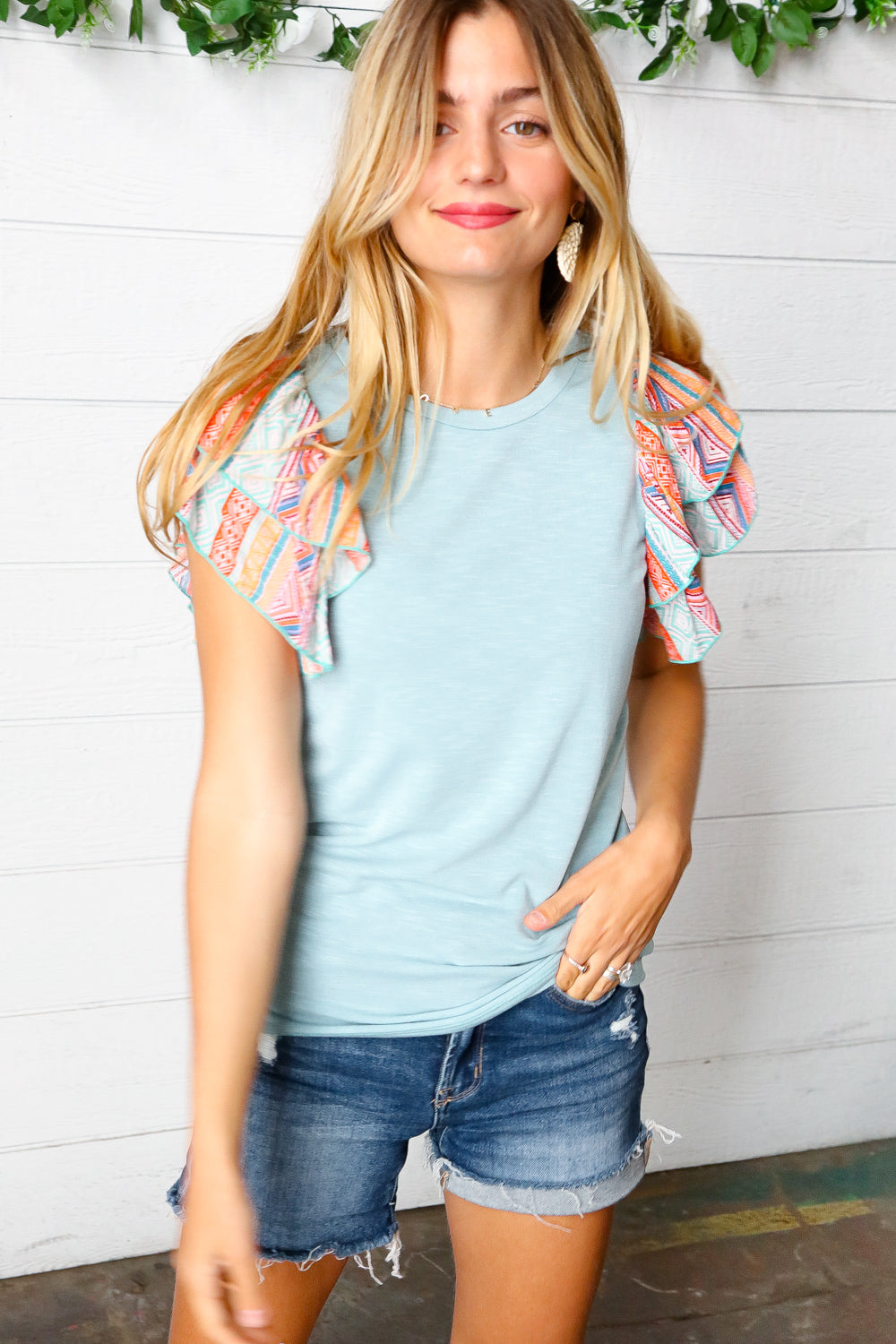 Baby Blue Boho Print Flutter Sleeve Top