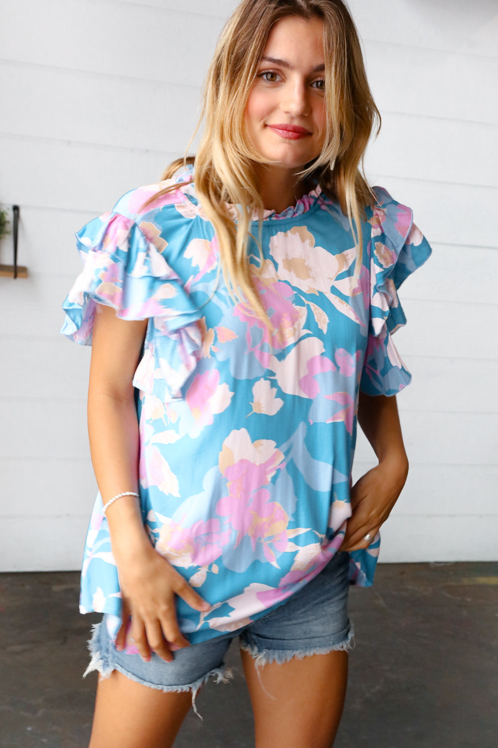 Powder Blue & Lavender Double Flutter Sleeve Mock Neck Top