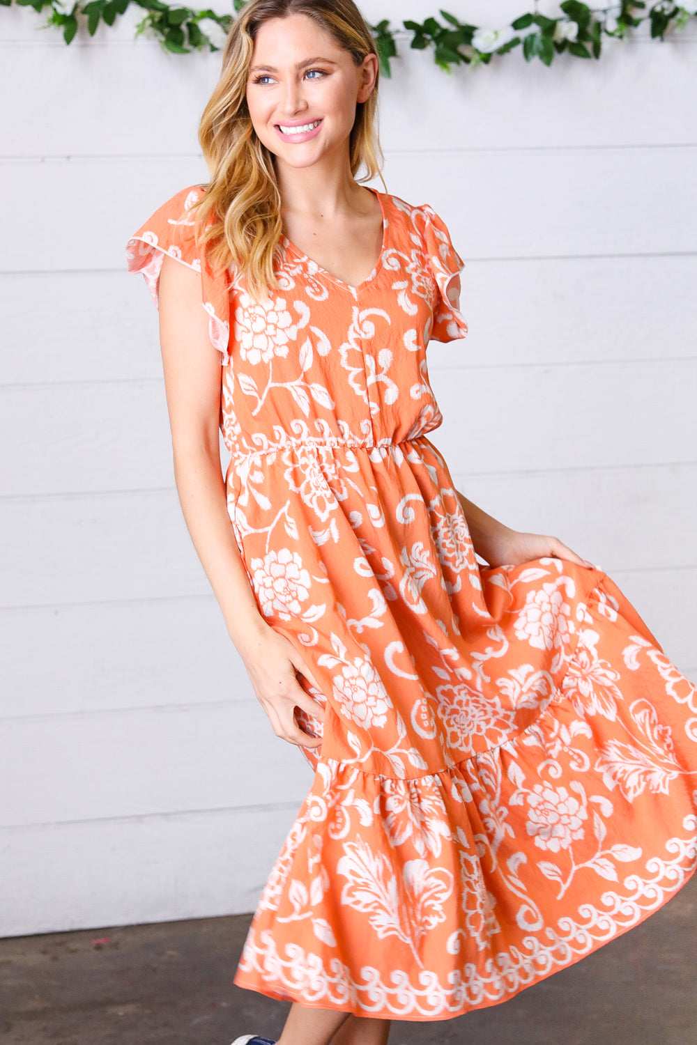 Sunset Boho Ethnic Floral V Neck Flutter Sleeve Dress
