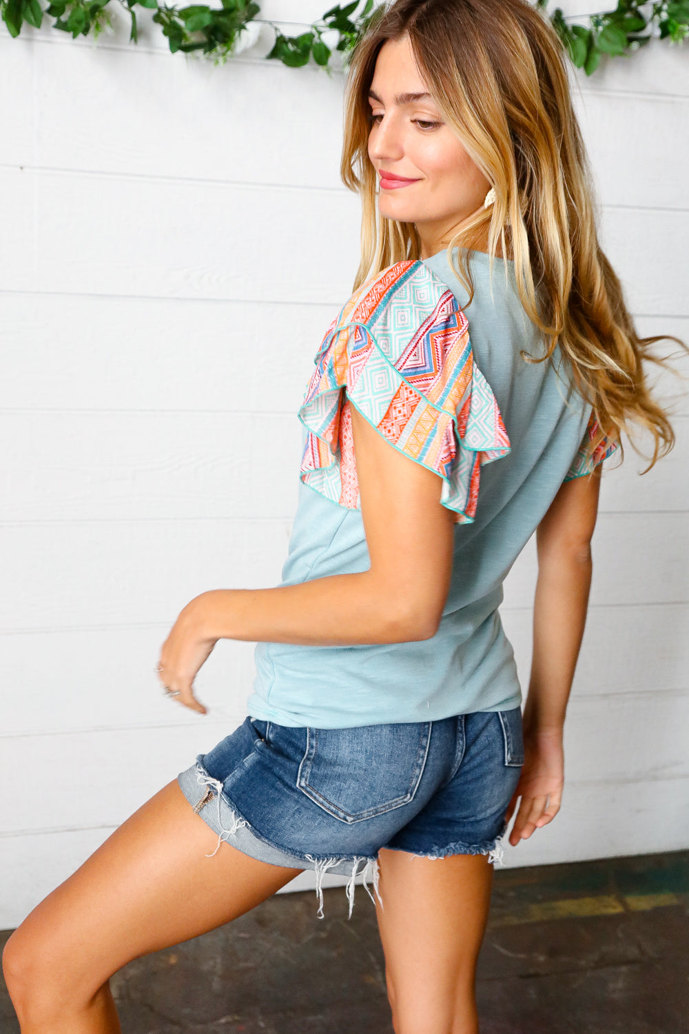 Baby Blue Boho Print Flutter Sleeve Top