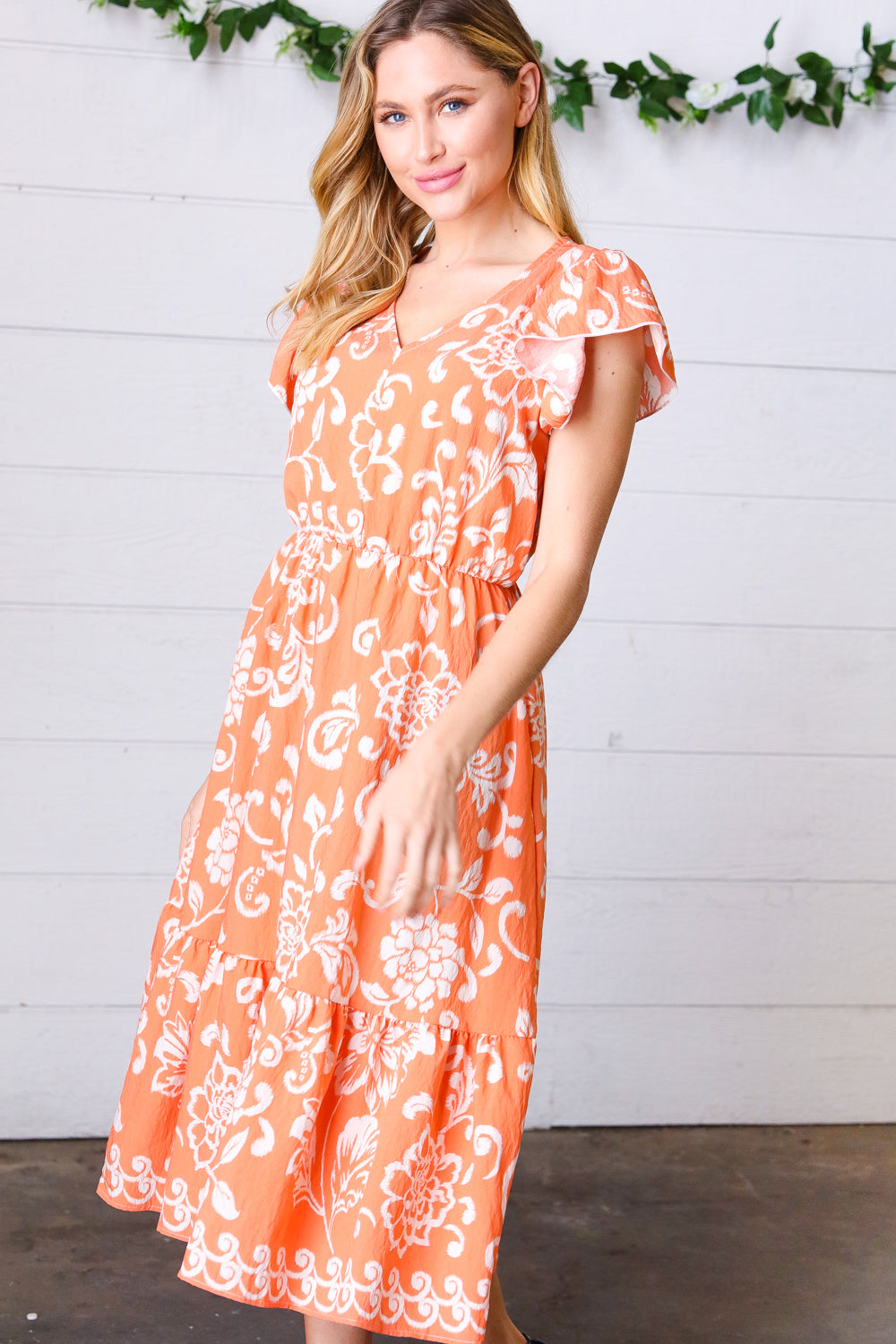 Sunset Boho Ethnic Floral V Neck Flutter Sleeve Dress