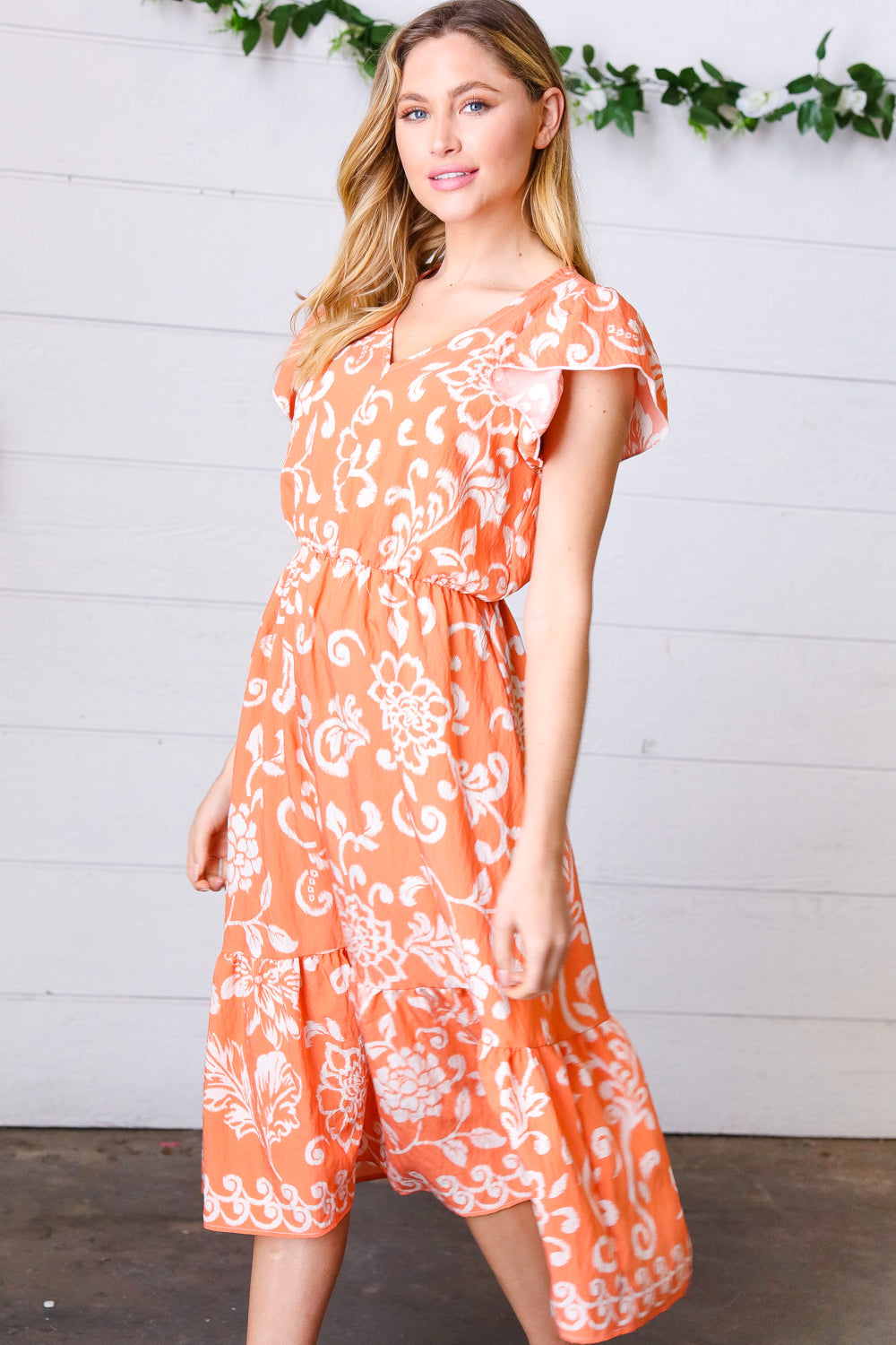 Sunset Boho Ethnic Floral V Neck Flutter Sleeve Dress
