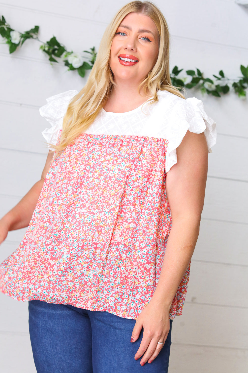 Coral & White Floral Embroidered Yoke Top