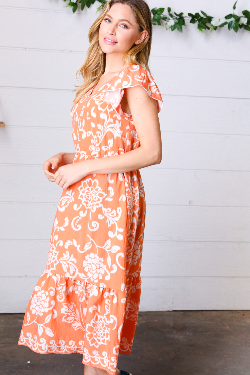 Sunset Boho Ethnic Floral V Neck Flutter Sleeve Dress
