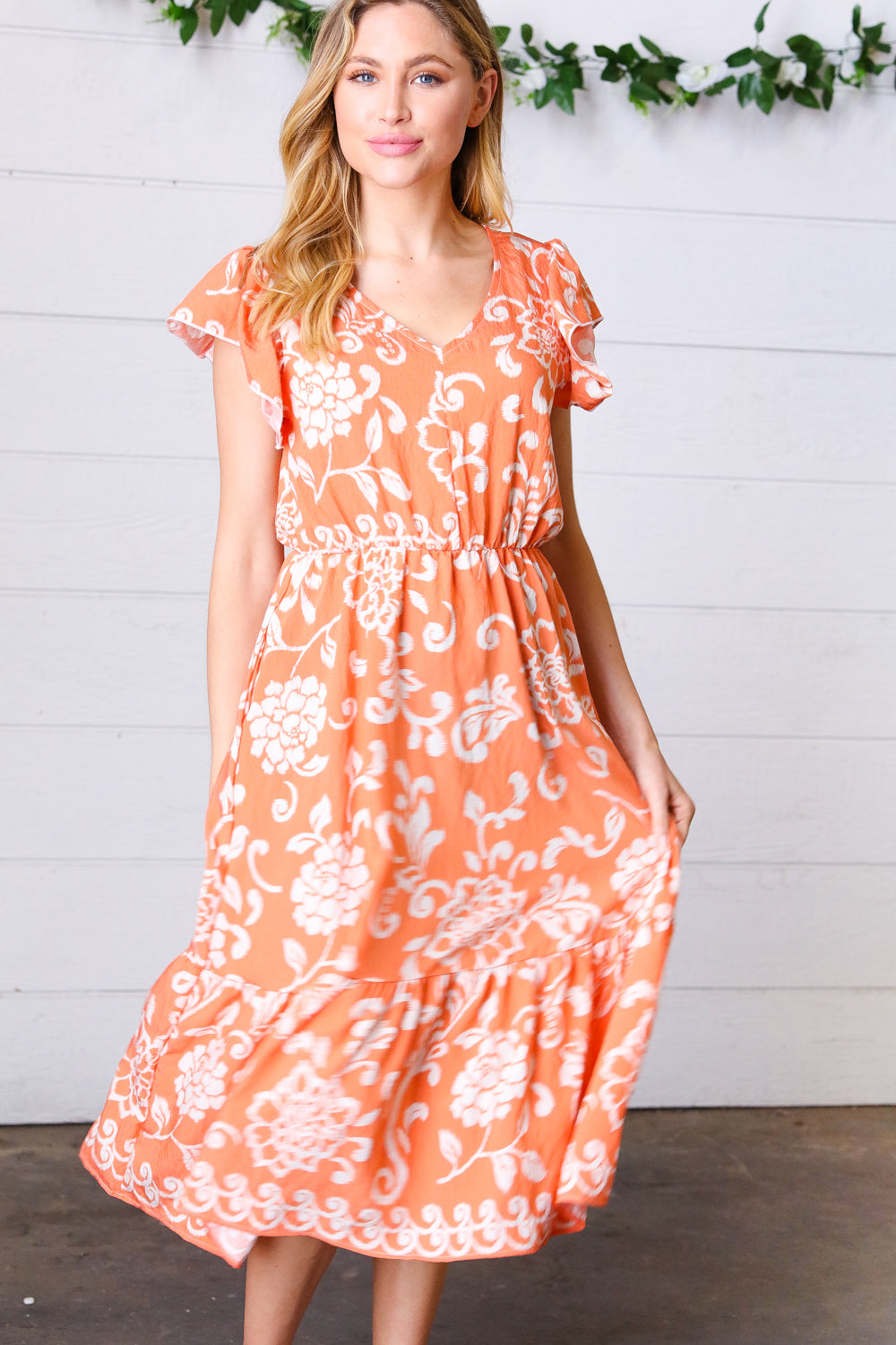 Sunset Boho Ethnic Floral V Neck Flutter Sleeve Dress