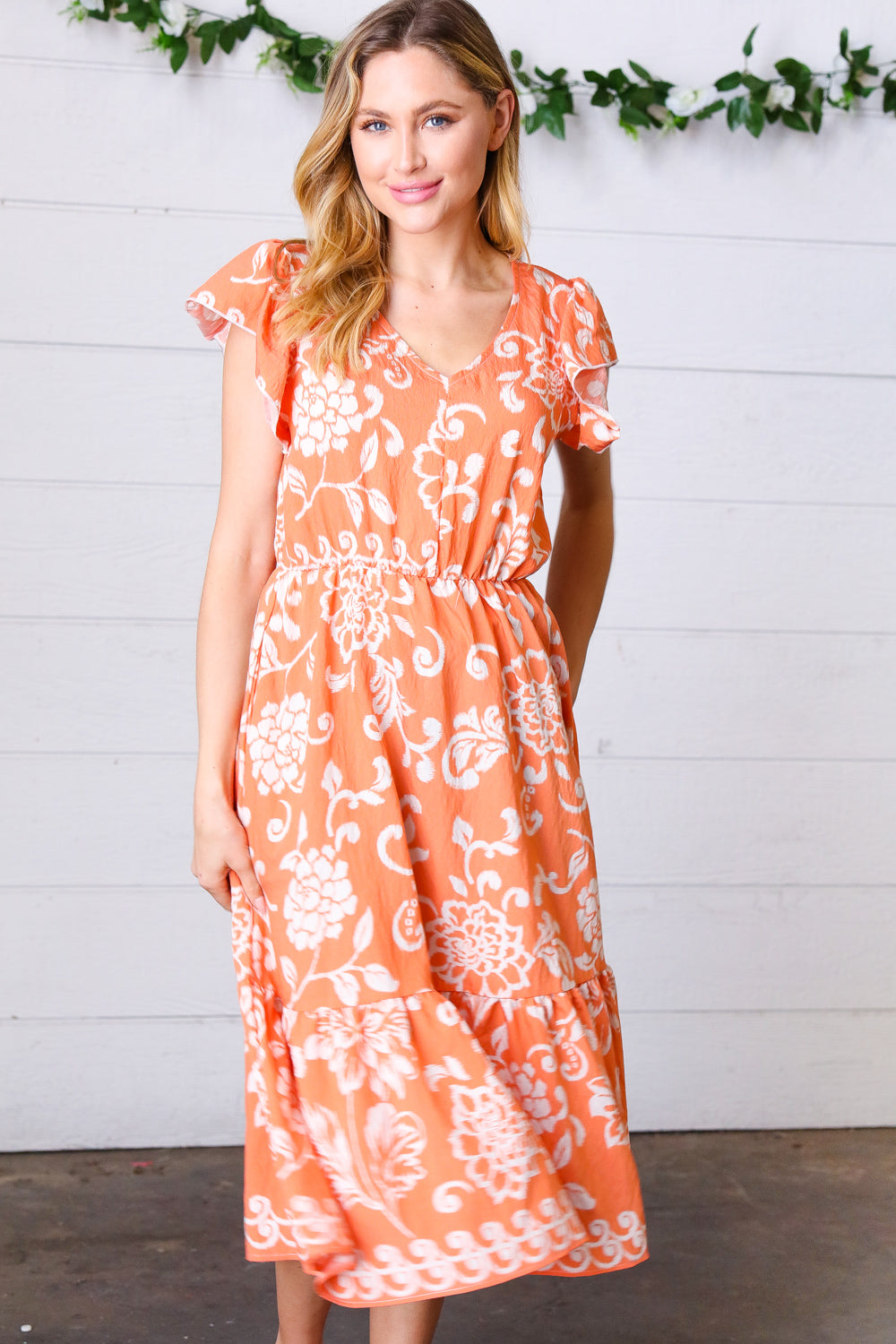 Sunset Boho Ethnic Floral V Neck Flutter Sleeve Dress