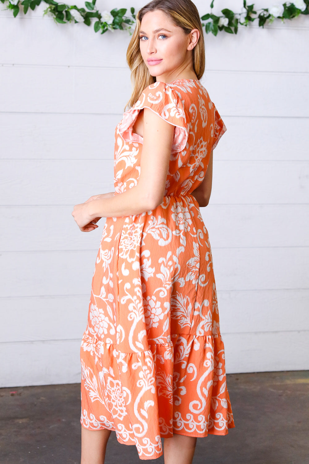 Sunset Boho Ethnic Floral V Neck Flutter Sleeve Dress