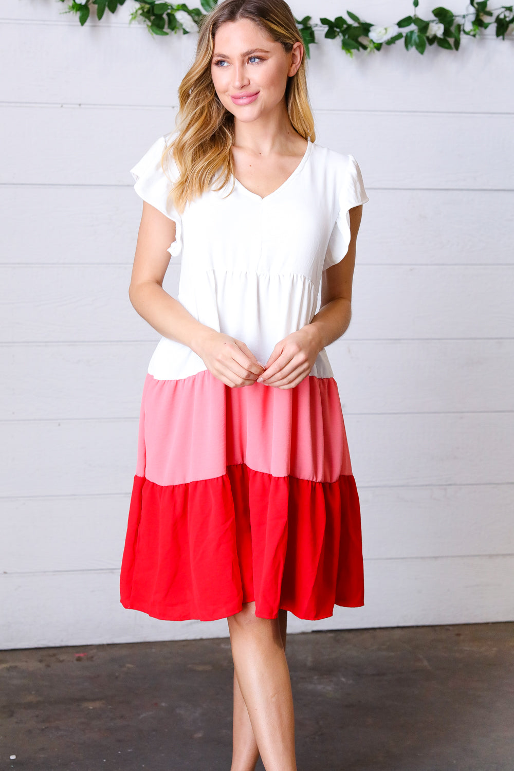 Peach & Cherry Red Tiered Frill Sleeve Midi Dress