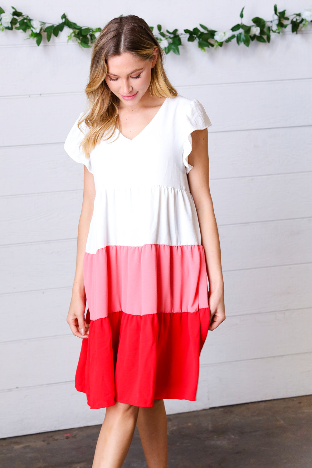 Peach & Cherry Red Tiered Frill Sleeve Midi Dress