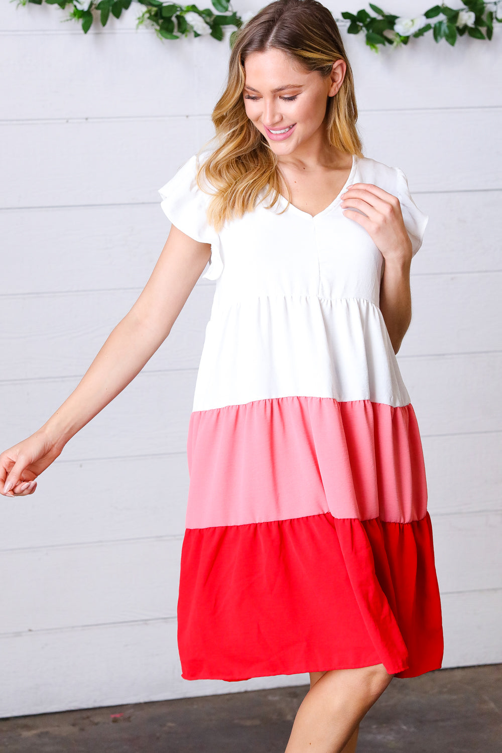 Peach & Cherry Red Tiered Frill Sleeve Midi Dress