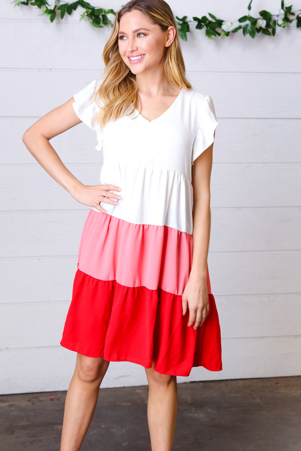 Peach & Cherry Red Tiered Frill Sleeve Midi Dress