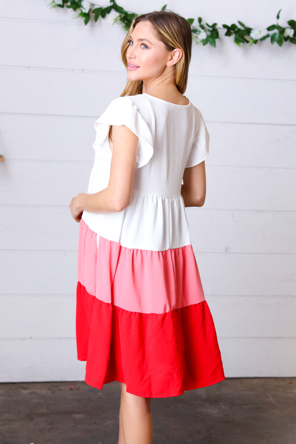 Peach & Cherry Red Tiered Frill Sleeve Midi Dress