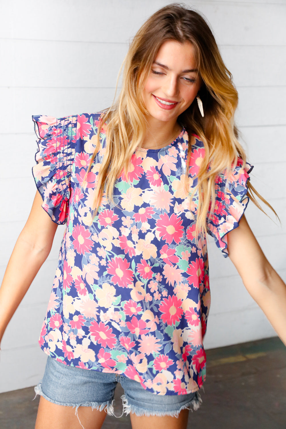 Peach/Navy Floral Chiffon Smocked Ruffle Sleeve Top