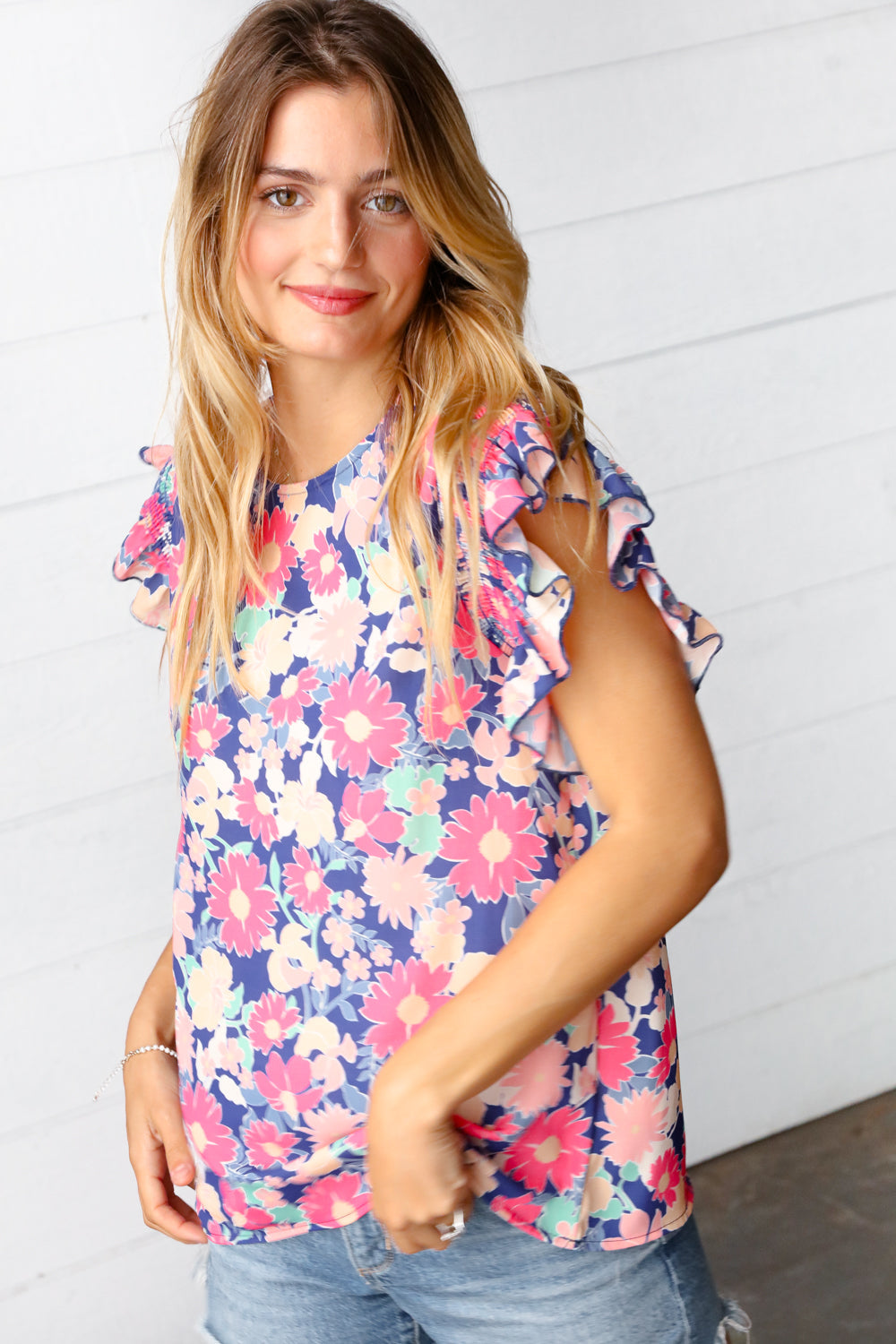 Peach/Navy Floral Chiffon Smocked Ruffle Sleeve Top