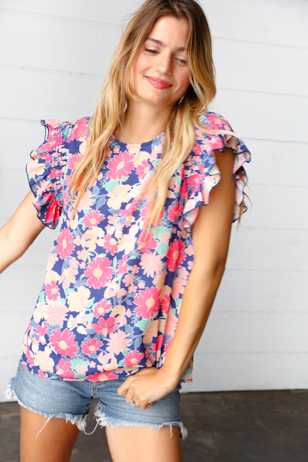 Peach/Navy Floral Chiffon Smocked Ruffle Sleeve Top