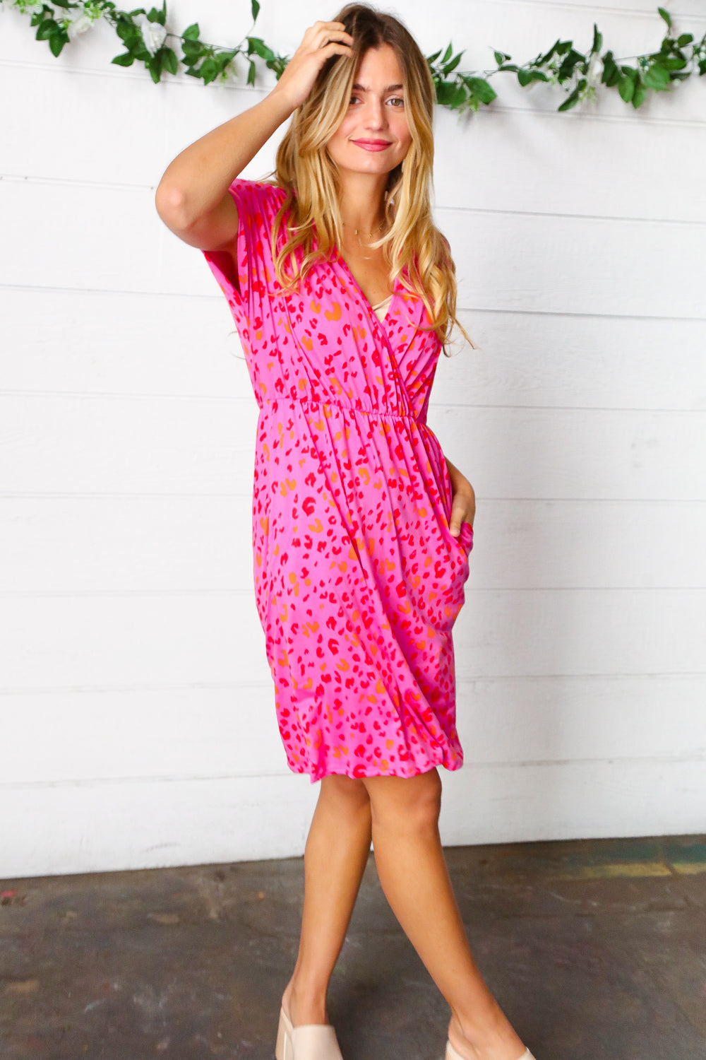 Fuchsia Leopard Surplice V Neck Pocketed Dress