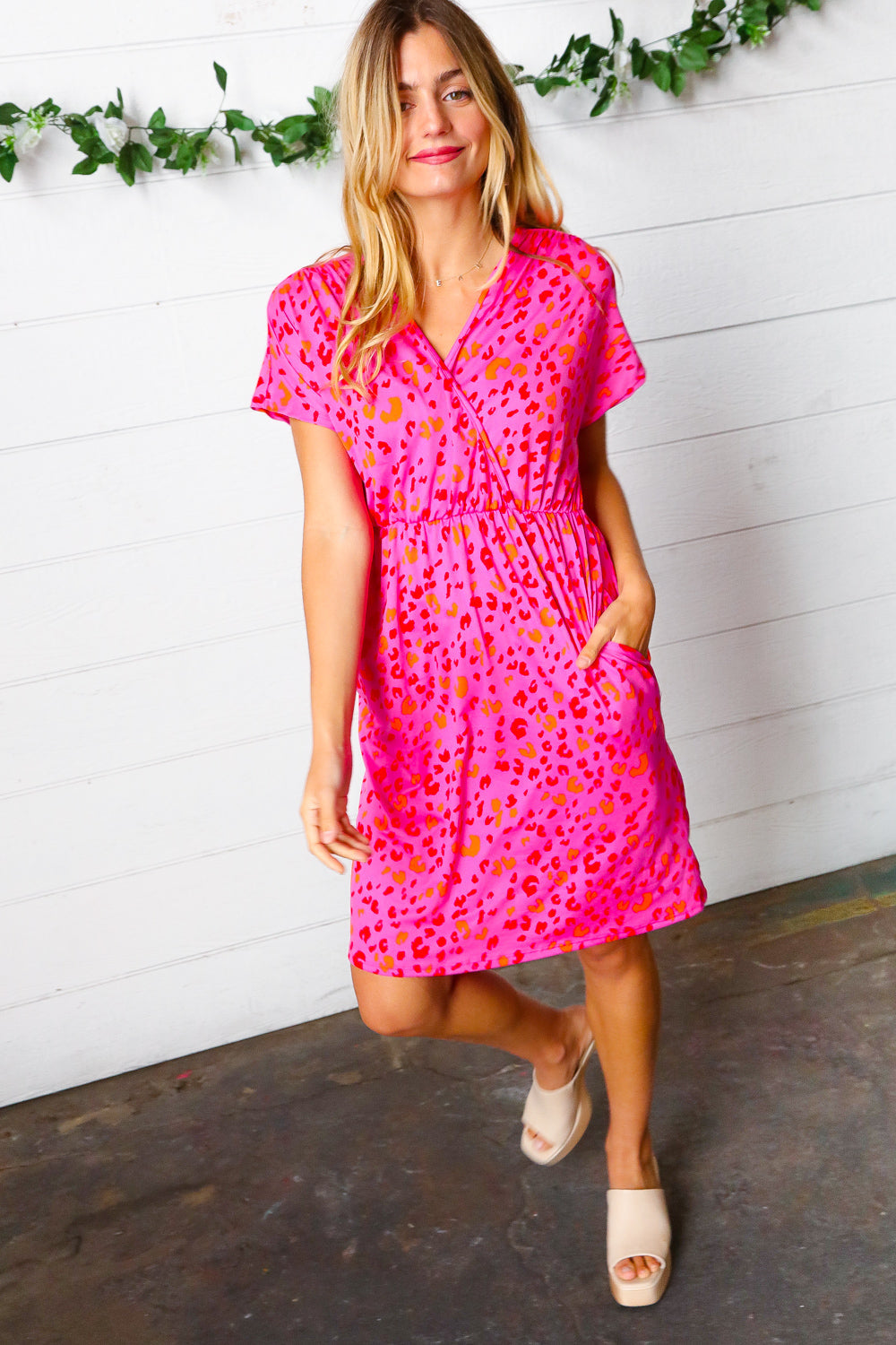 Fuchsia Leopard Surplice V Neck Pocketed Dress