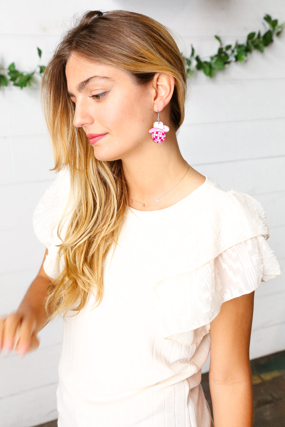 Pink Disco Cowgirl Hat Wooden Earrings