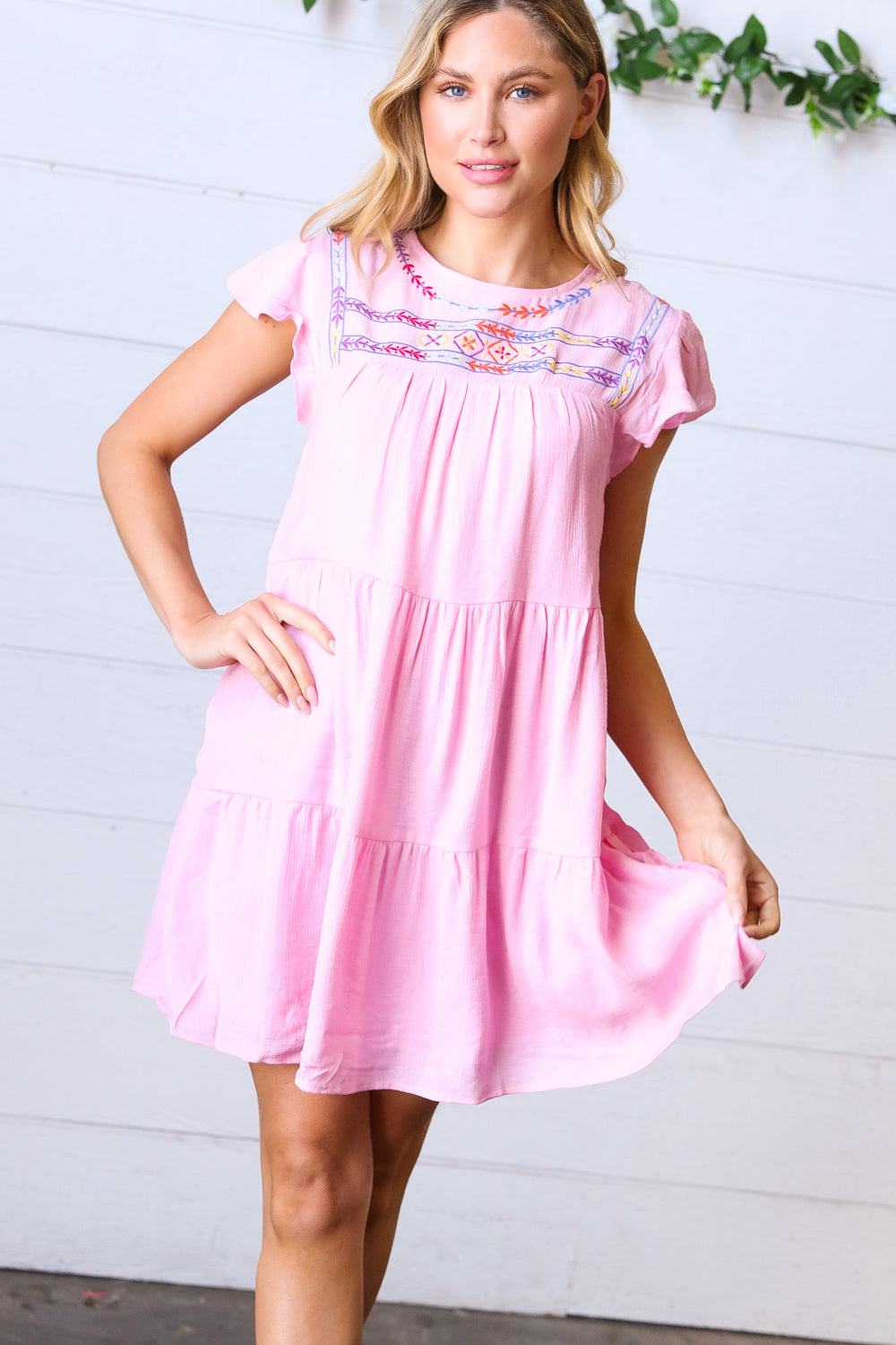 Baby Pink Embroidered Tiered Lined Dress
