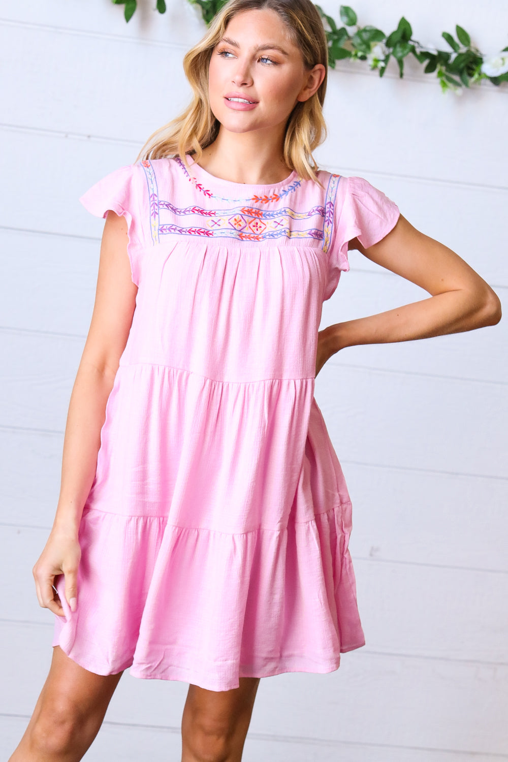Baby Pink Embroidered Tiered Lined Dress