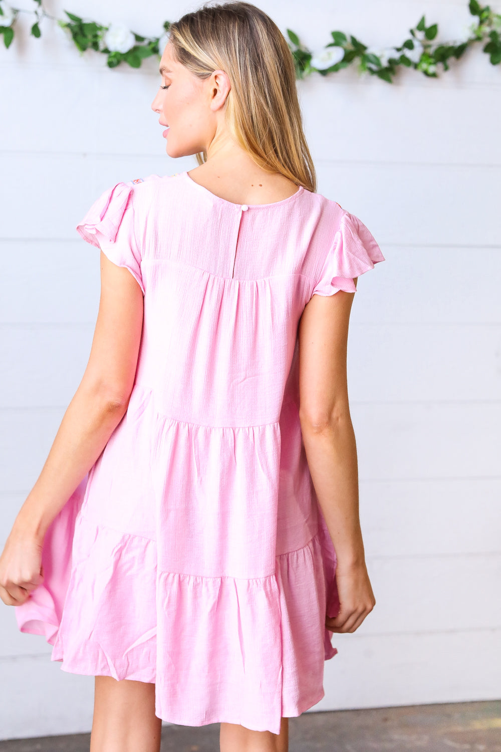 Baby Pink Embroidered Tiered Lined Dress