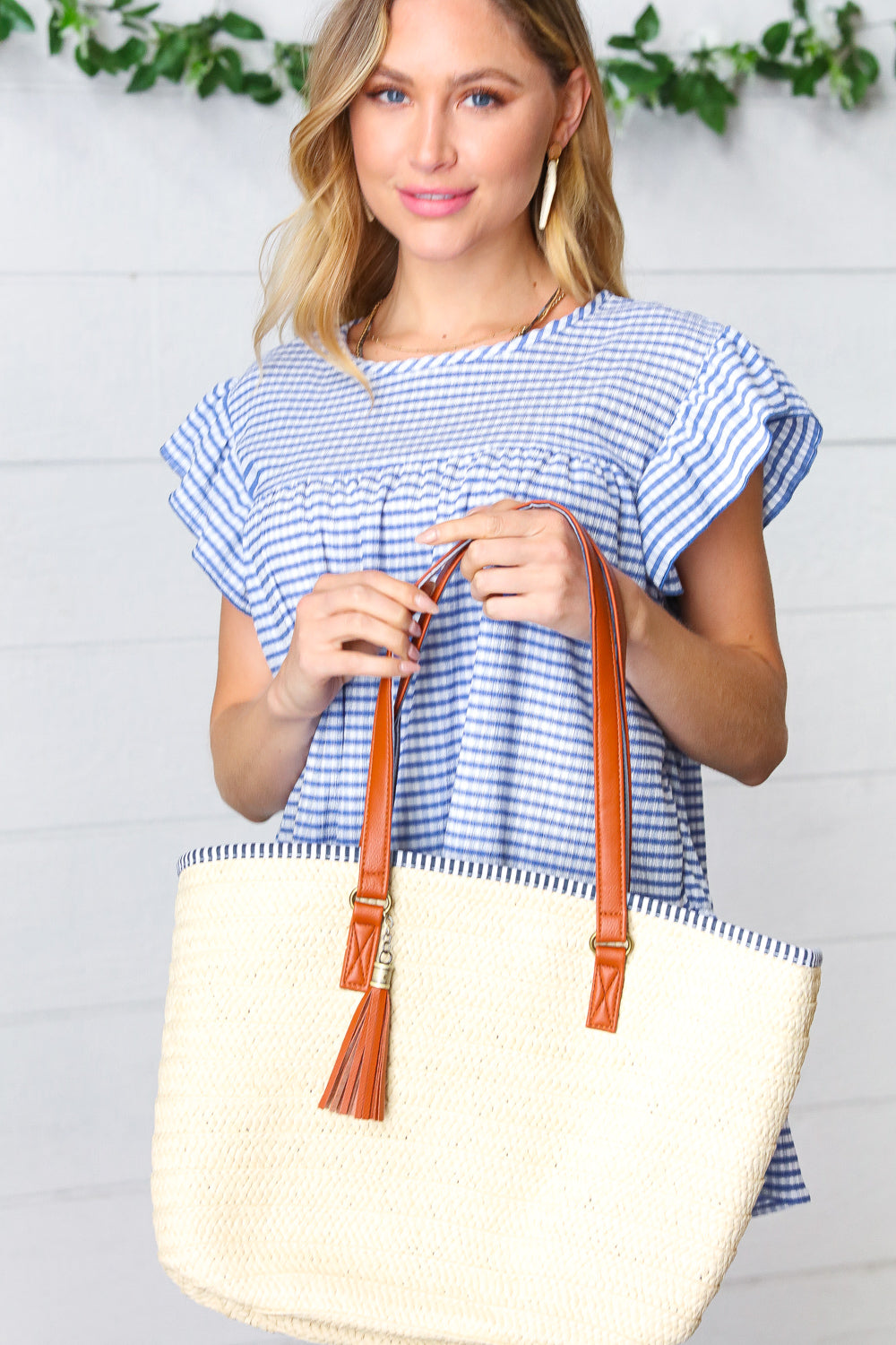 Cream Boho Raffia Woven Lined Large Tote Bag