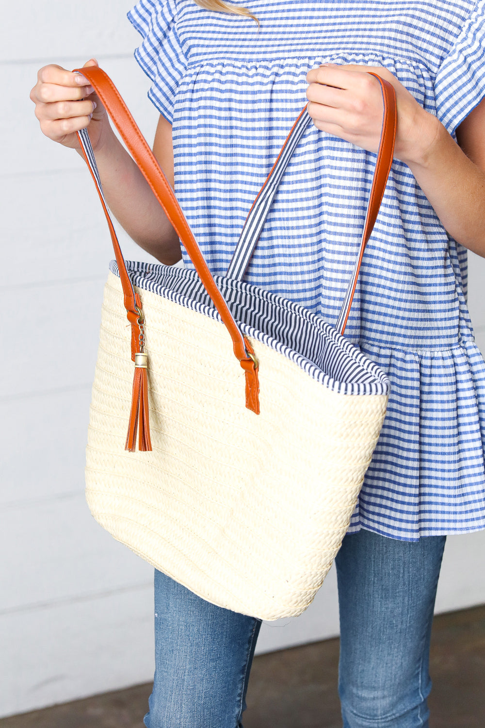 Cream Boho Raffia Woven Lined Large Tote Bag