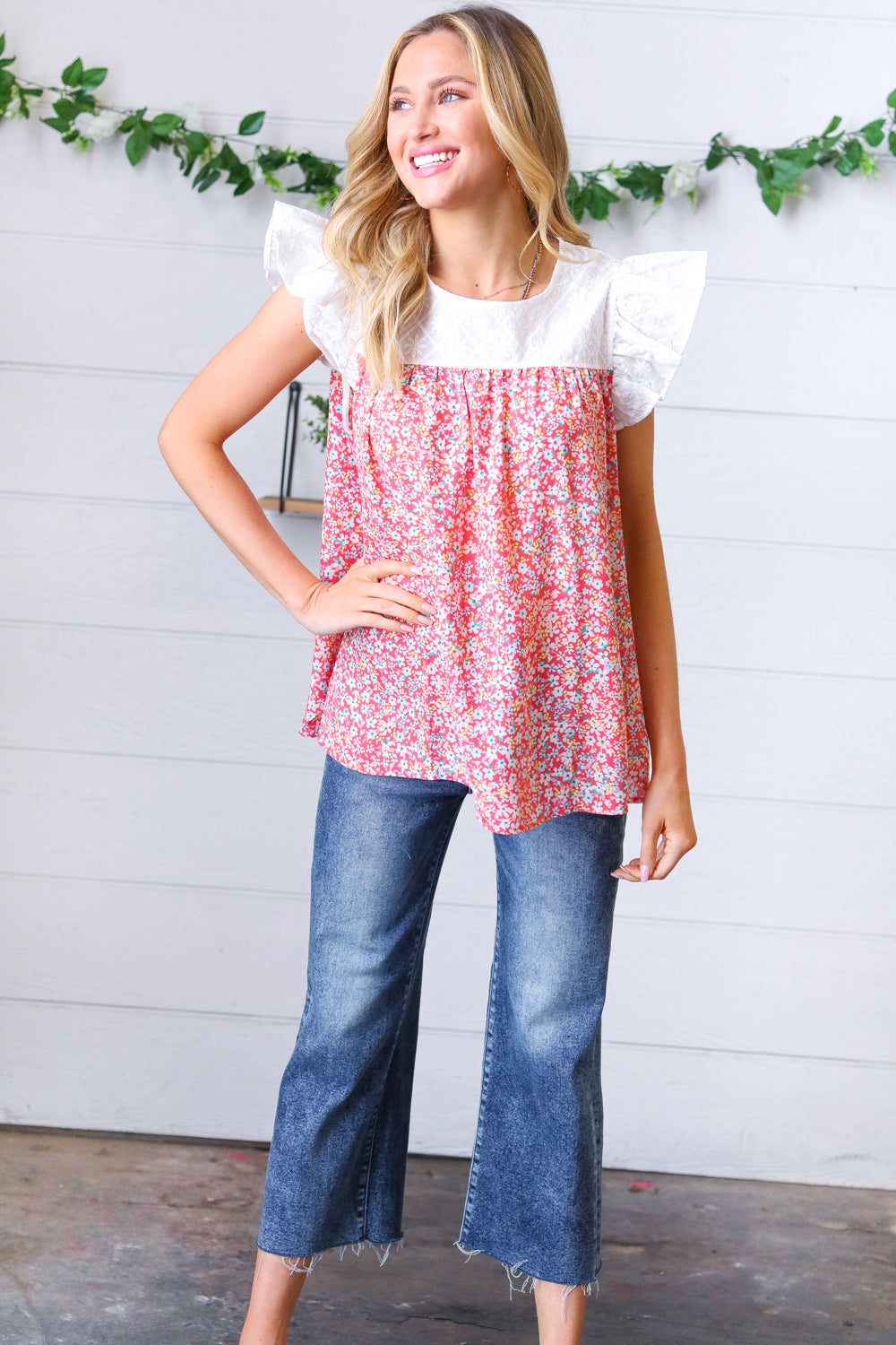 Coral & White Floral Embroidered Yoke Top