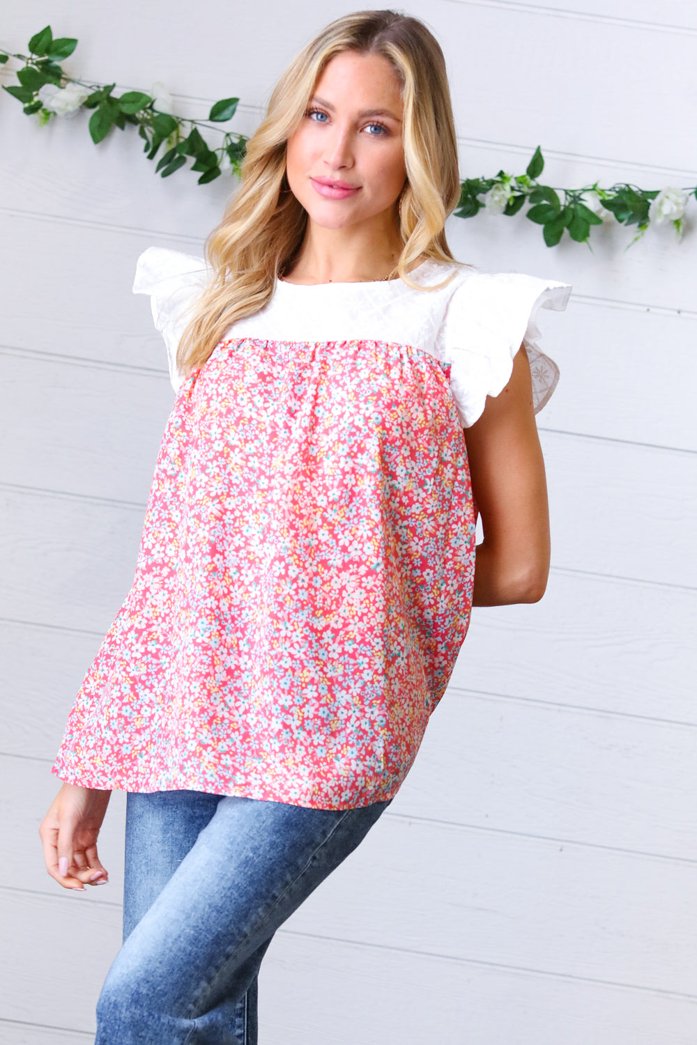 Coral & White Floral Embroidered Yoke Top