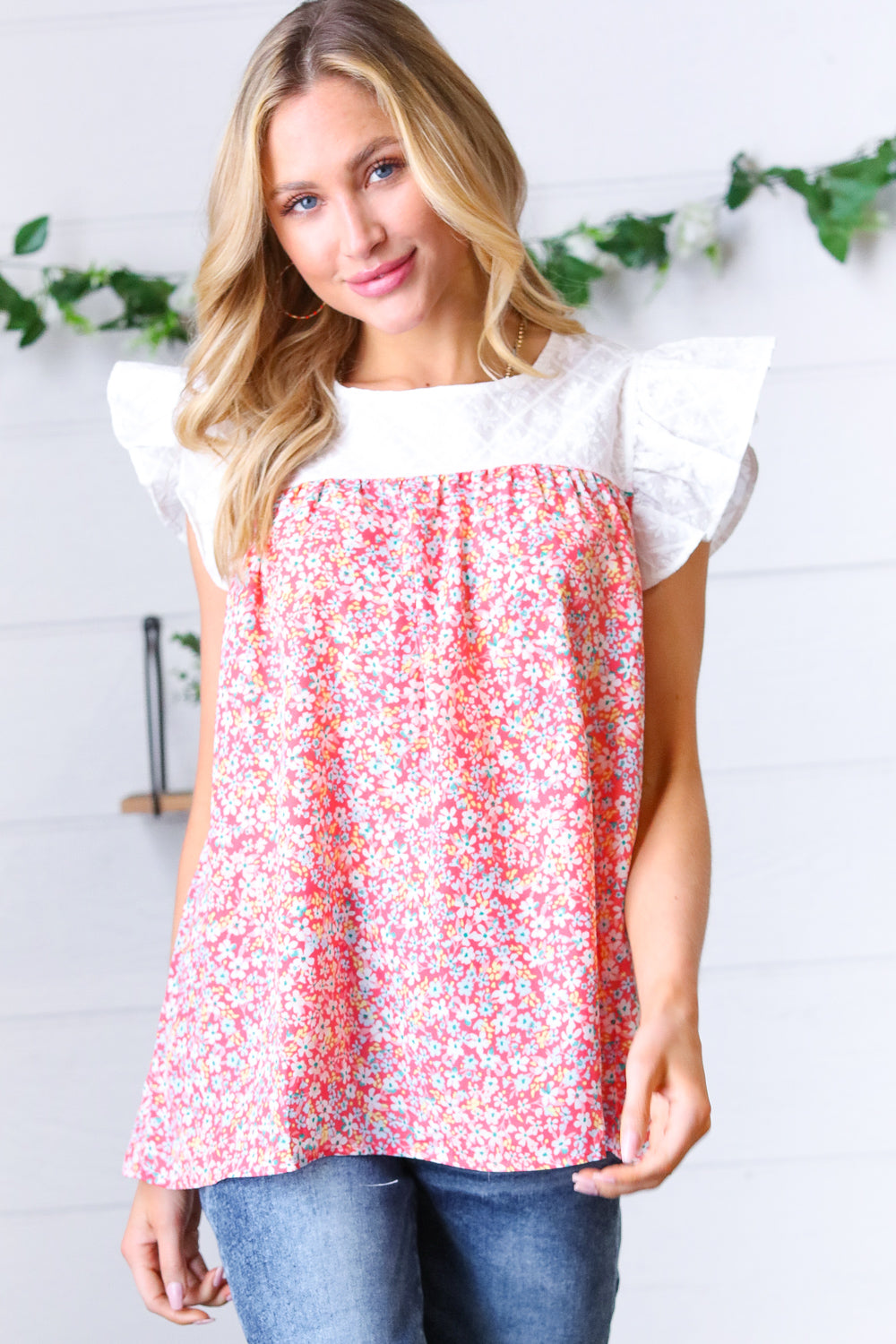 Coral & White Floral Embroidered Yoke Top