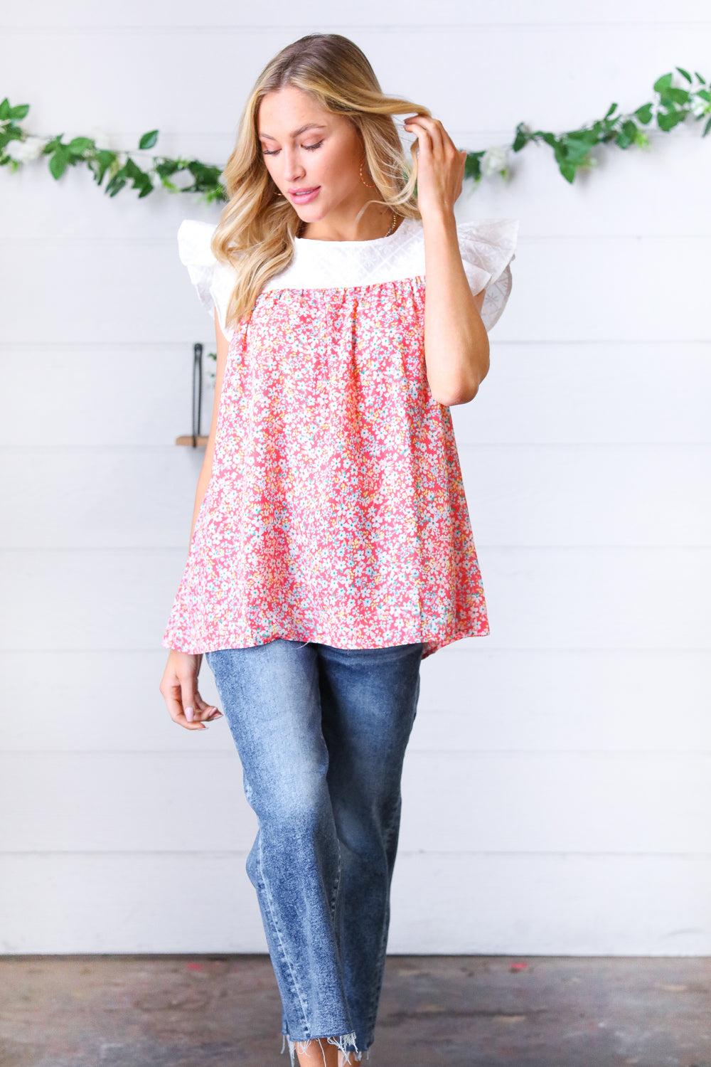 Coral & White Floral Embroidered Yoke Top