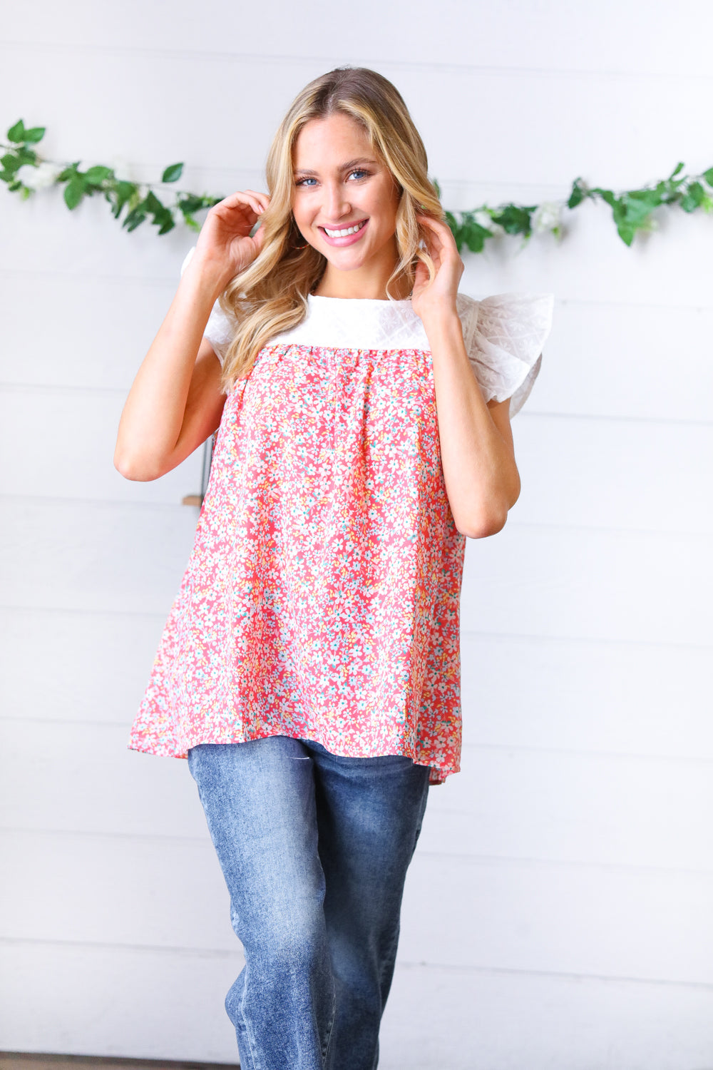 Coral & White Floral Embroidered Yoke Top
