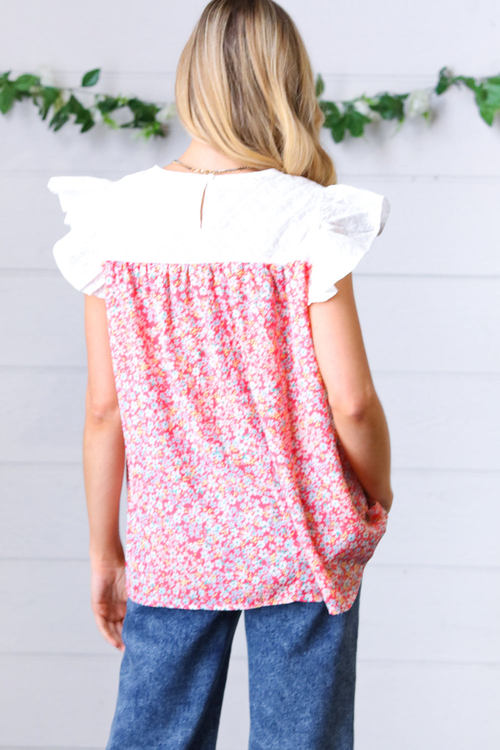 Coral & White Floral Embroidered Yoke Top