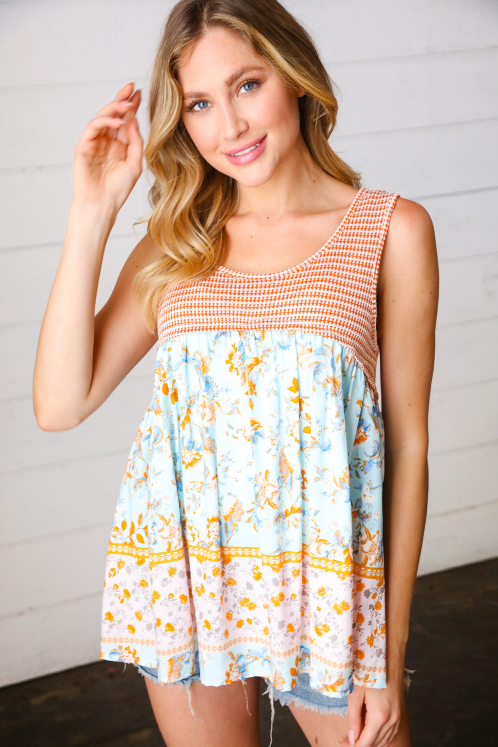 Orange & Blue Two Tone Floral Back Tie Tank